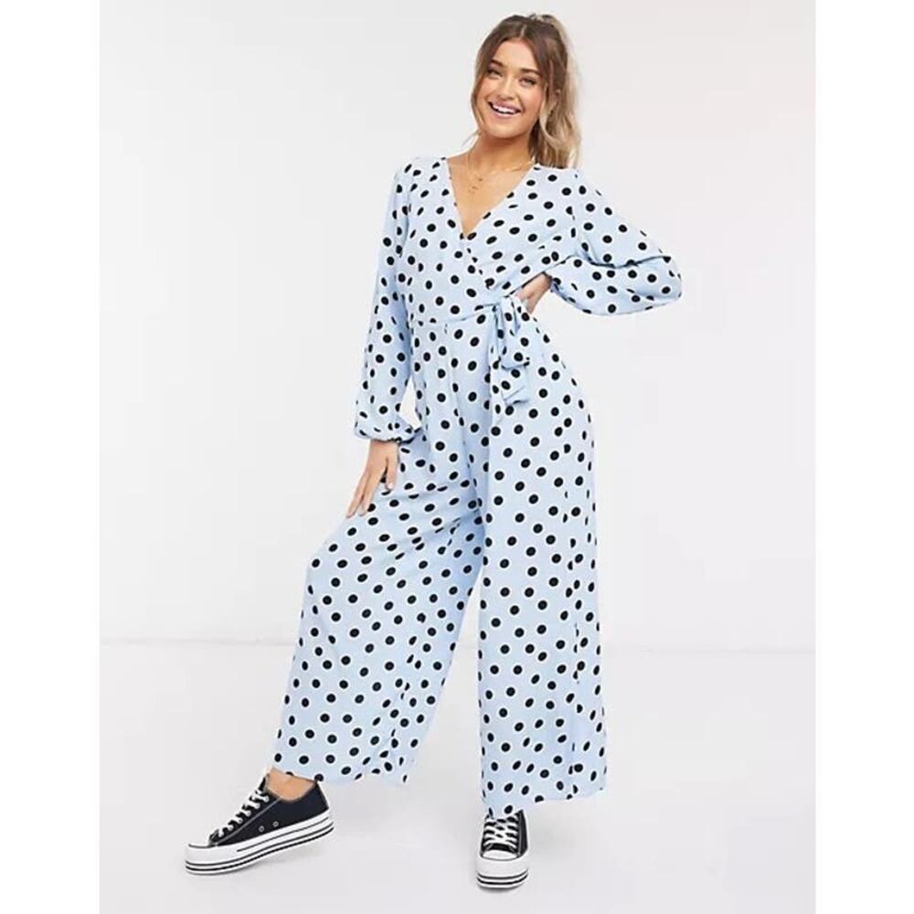ASOS Light Blue Polka Dot Wrap Jumpsuit